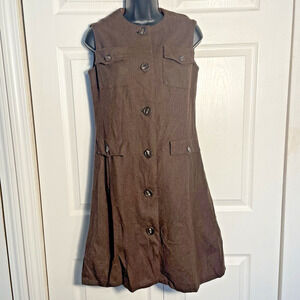 Vintage 70s Susan Thomas Shirt Dress Women 10 Brown Wool Sleeveless Pockets